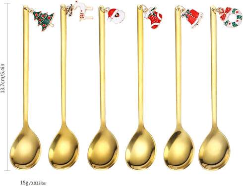 Coffee Spoons Gold Silverware Christmas 6 Pieces Small Stainless Steel Flatware Xmas Decorative Pendants Cute Drinking Stirrers for Festive and Da...