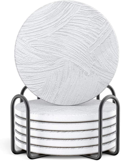 LIFVER Coasters Set of 6 Absorbent Drink Coasters with Holder, White Marble Style Ceramic Stone Coasters for Home Decor Coffee Table Protection, 4...