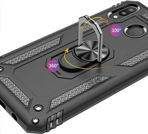 TJS Compatible with Samsung Galaxy A20 Case, Galaxy A30 Case, with Tempered Glass Screen Protector Metal Ring Magnetic Support Kickstand Heavy Dut...