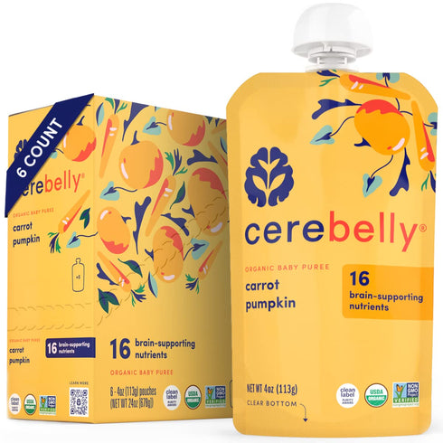 Cerebelly Baby Food Pouches – Organic Carrot Pumpkin (4 oz, Pack of 6) - Toddler Snacks - 16 Brain-supporting Nutrients, Healthy Snacks, Made with...