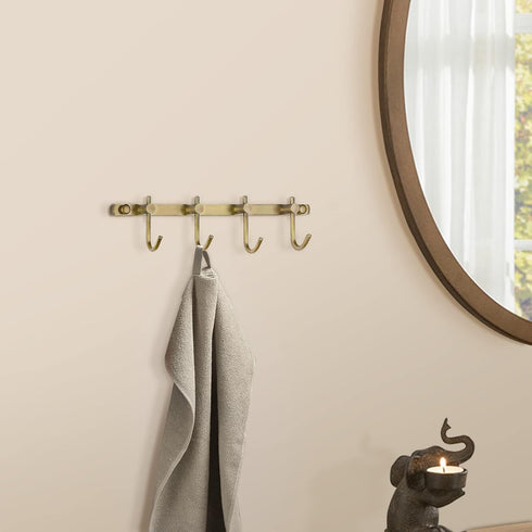 WINCASE Brass Towel Hook Rack, Brushed Brass Wall Hook Rack, Antique Brass Row Hooks with 4 Hooks Rustic Wall Mounted...
