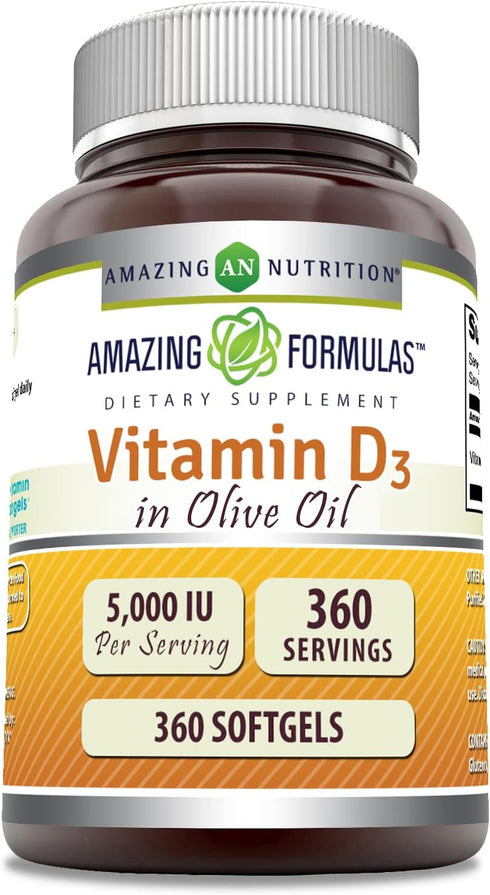 Amazing Formulas? Vitamin D3 in Olive Oil? Supplement | 5000 ?IU Per Serving | 360 Softgels | Non-GMO | Gluten Free | Made in USA...