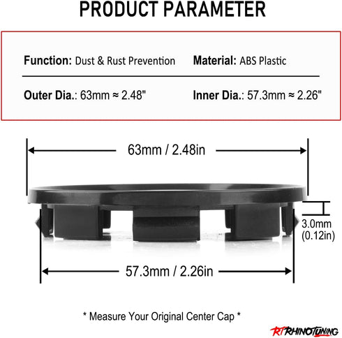 RTRHINOTUNING 63mm 2.5in Wheel Center Caps for Dodge Ram 1500 Dakota Durango 52005732, 63mm(2.48in)/57mm(2.26in) 4 Pack Black Hub Caps...