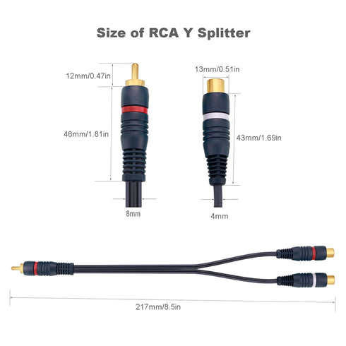 RCA Splitter, 2 Pcs RCA 1 Male to 2 Female Audio Cord Speaker Y Adapter Splitter Cable, 8.5 Inches Gold Plated Dual RCA Female Adapter for Subwoof...