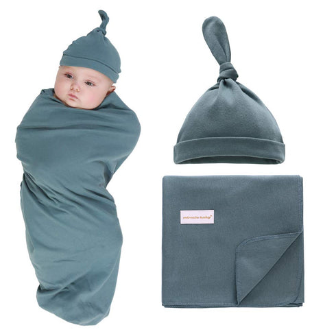 100% Cotton Knitted Baby Swaddle Blanket with Hat Set, 35"x35", Newborn Swaddle Wrap, Receiving Blankets, Burping Cloth & Stroller Cover, Perfect ...