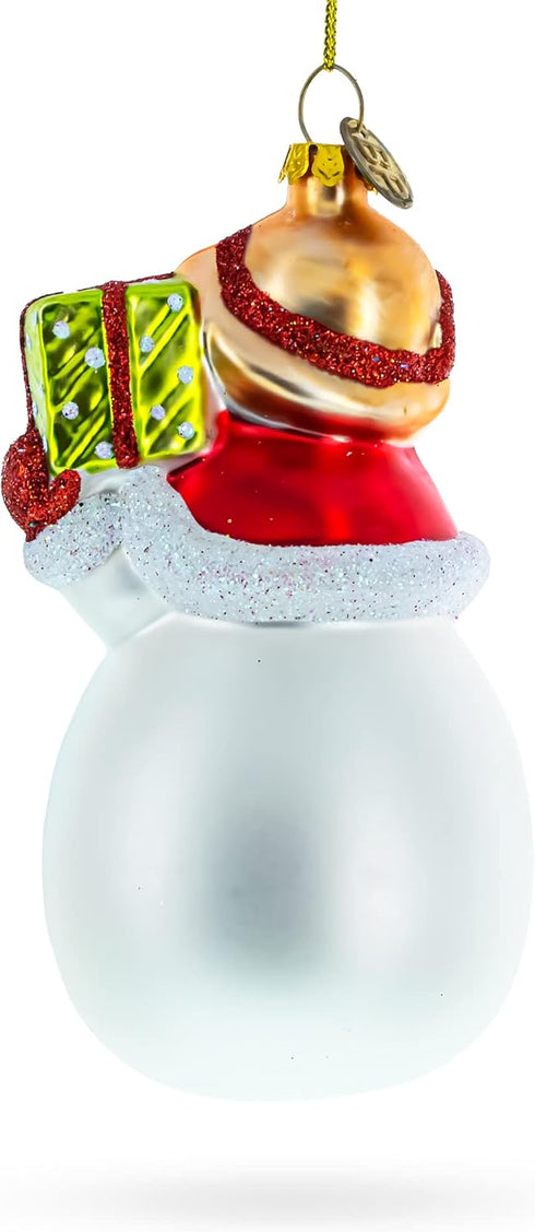 Snowman with Red Cardinals Holding a Gift Blown Glass Christmas Ornament...