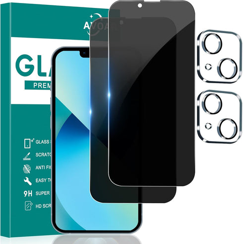 [2+2 Pack Privacy Screen Protector for iPhone 13 with Camera Lens Protector, 6.1 Inch Tempered Full Screen Glass Accessories, Anti-Spy, Bubble Fre...