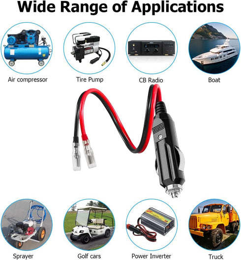 12V Fused Male Cigarette Lighter Plug, Replacement Car Adapter with Leads and LED Light, 16AWG Extension Cable with 15A Fuse, Automotive Power Sup...