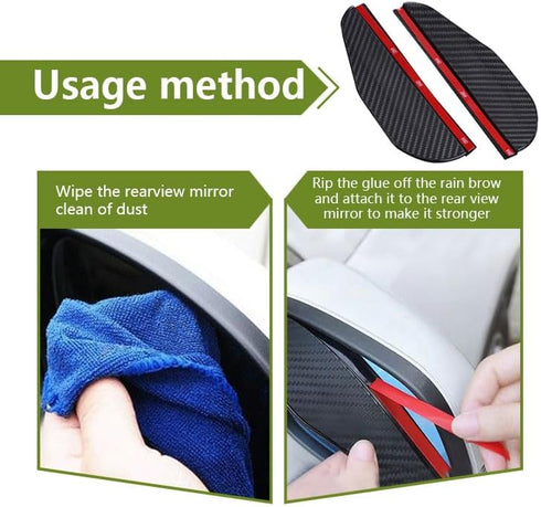 2 PCS Car Rear View Mirror Rain Eyebrow, 6.8" x 2.2" Thick Carbon Fiber Texture Waterproof Reflective Protective Cover, Maintain Clear Vision Side...