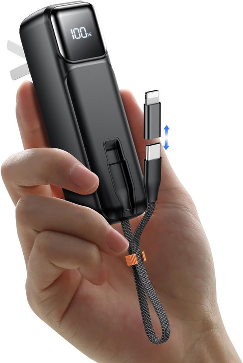 Small Portable Charger with Foldable Wall Plug 5000mAh,22.5W Fast Charging Power Bank Built in USB-C Cable,Mini External Battery Pack with LED Dis...