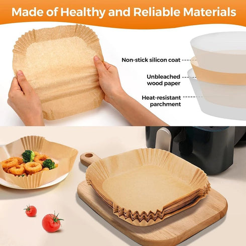 Air fryer liners 8(in), 100pcs, disposible no mess non-stick, square paper liners free of harsh additives, unbleached, for microwave and airfryer ...