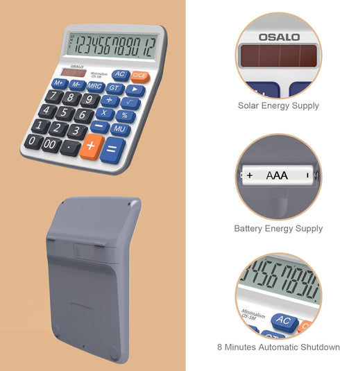 Desktop Calculator Extra Large 5-Inch Clear LCD Display 12-Digit Big Number Button Office Calculator with Auto Sleep Function (OS-5M)...