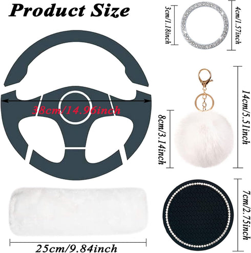 9 Pieces Fluffy Steering Wheel Covers Set, YSLSLOO Furry Steering Wheel Cover for Women Fashion Steering Wheel Cover Soft Steering Wheel Protector...