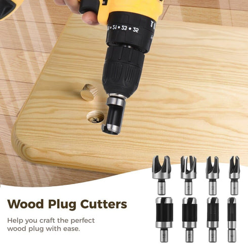 Homaisson 8 Pcs Wood Plug Cutters, 1/4, 3/8, 1/2, 5/8 Drill Bit Set with Wooden Box, Straight and Tapered Cutting Tools for Woodworking, Carbon St...