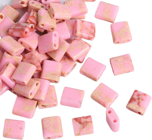 Pink Imperial Jasper Stone Tila Beads 5x5mm Square 2-Hole Spacer Beads for DIY Bracelet Earring Making 15"/Strand...