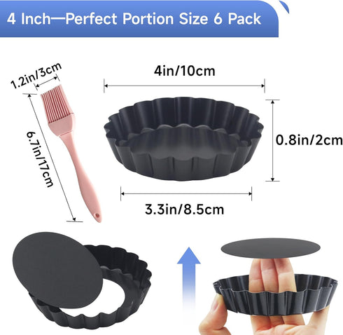 6 Pack Mini Fluted Tart Pans 4 Inch with Removable Bottom, Nonstick Quiche Pan with Silicone Basting Pastry Brushfor Baking Treats, Pie, Quiches, ...