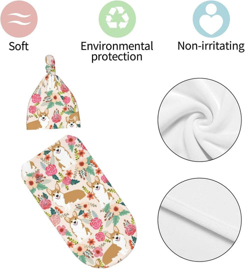 Cute Corgi Dog Baby Stuff Newborn Swaddle Blanket Cartoon Wrap Blanket Soft Stretchy Sleep Sack with Beanie Hat Gifts for Boys Girls Infant...