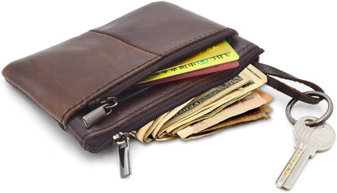 Women Genuine Leather Coin Pouch Zip Mini Purse Wallet Key Chain 3 Zipper...