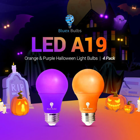 4 Pack A19 LED Purple Light Bulb LED Orange Light Bulb 120V E26 Base 9 Watt (60-watt Replacement) Purple Bulb Orange Bulb, Party Decoration, Porch...