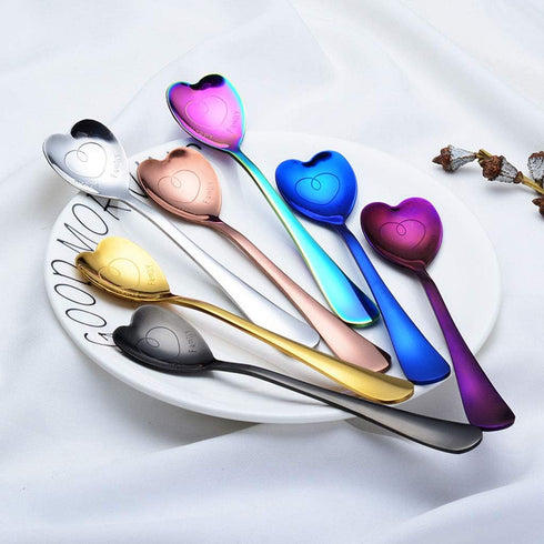7 PCS Stainless Steel Spoon, Heart Shaped Spoons, Coffee spoon?Dessert Spoon, Ice Cream Spoons, tea spoons?Love spoon, Cute holiday gift (Multicol...