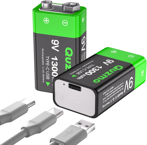 2-Pack Rechargeable 9 Volt Lithium-ion Batteries, 1300mAh Long Lasting Power, USB-C Recharge with 2 in 1 Charging Cable for Smoke Alarms,Multimete...