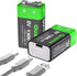2-Pack Rechargeable 9 Volt Lithium-ion Batteries, 1300mAh Long Lasting Power, USB-C Recharge with 2 in 1 Charging Cable for Smoke Alarms,Multimete...