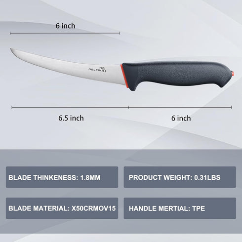 DELFINA 6 Inch Boning Knife for Meat Cutting, Semi-flexible Curved Blade Processing Knife, Premium Stainless Fish Fillet, BBQ Brisket Meat Trimmin...