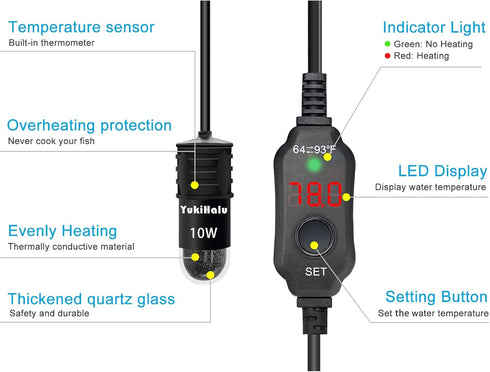 YukiHalu USB Powered Aquarium Heater, 10W Adjustable Mini Fish Tank Heater with External Temperature Controller, LED Display, Used for 0.5-1 Gallo...