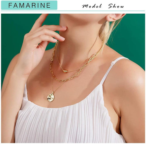 FAMARINE 18K Gold Plated Layered Necklaces Set,3 Layers Gold Chain Pendant Layering Necklace (Seperable) for Women Birthday Christmas Gifts...
