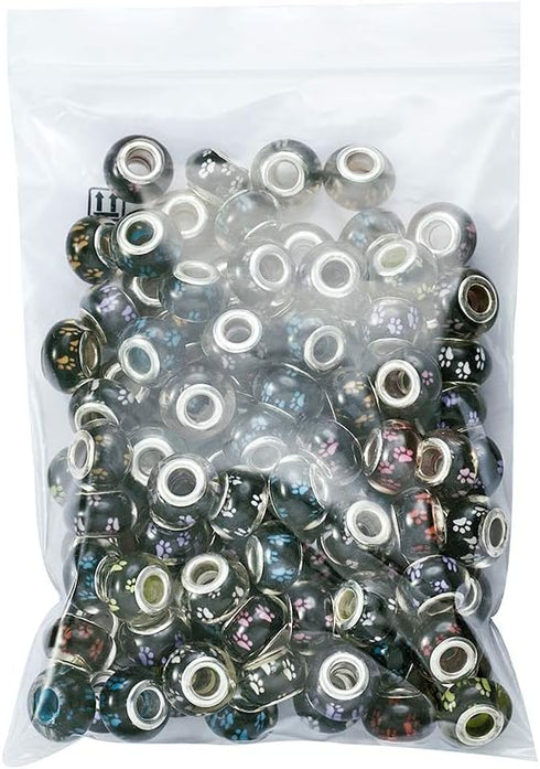 Cheriswelry 100pcs Large Hole Dog Paw Prints Pattern Acrylic European Rondelle Beads Slide Charms Loose Spacer with Metal Double Cores Fit Snake C...