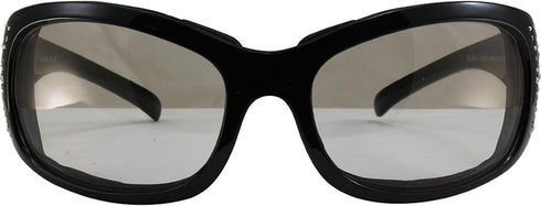 Global Vision Marilyn Motorcycle Sunglasses Bling Rhinestone Black Frames Clear to Smoke Lens...