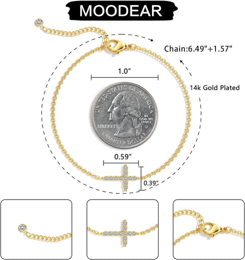 Moodear Dainty Cross Bracelet - 925 Sterling Silver/14k Gold Plated Diamond CZ Layered Snake Chain Knot Bracelets for Women Trendy Religious Chris...