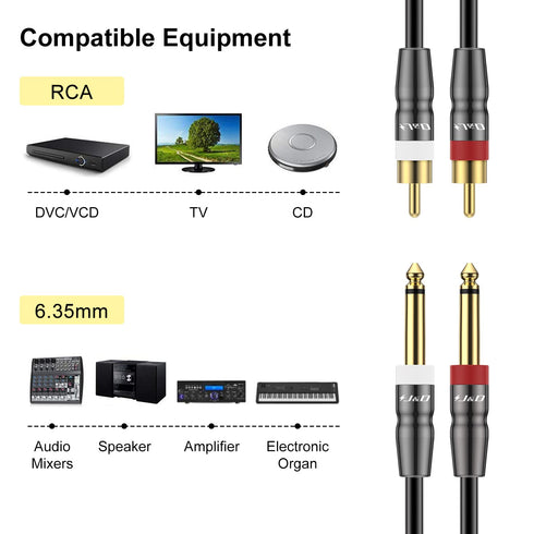 J&D Dual 1/4 inch TS to Dual RCA Cable, Heavy Duty 1/4 Male to RCA Male Adapter Stereo Audio Interconnect Quarter inch Cable, 3 Feet...