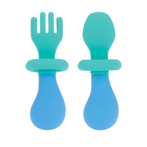 Nuby First Fork and Spoon Set - Utensils with Safety Guards for Babies 6+ Months - Green and Blue...