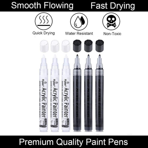 Black Paint Pens, 6 Pack 0.7mm Acrylic Black Permanent Marker ,White Paint Pens for Rock Painting, Stone,Wood, Plastic, Ceramic, Glass, Metal Canv...