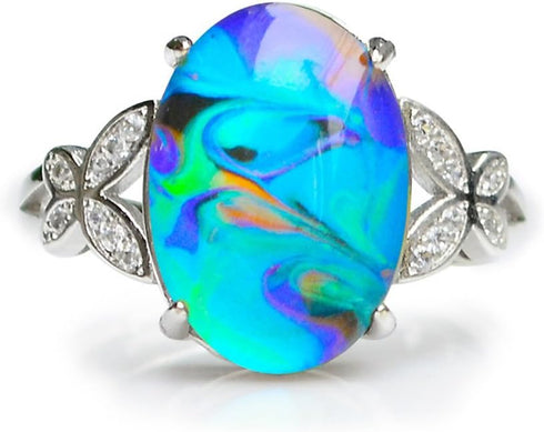 Opalescent Swirl Color Changing Oval Crystal Stone Brass Mood Ring Size Adjustable For Women...