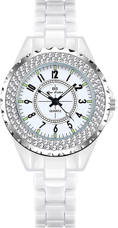 Gosasa Womens Luxury Wrist Watch Fashion Rhinestone White Ceramic Watch Casual Lady Nice Dress Watches (Black)...