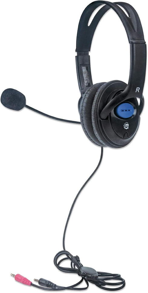 Manhattan Stereo Headset — Lightweight Over-Ear Design, 6 ft. (1.8 m) Connecting Cable and Two 3.5 mm Plugs for Audio and Built-in Adjustable Micr...