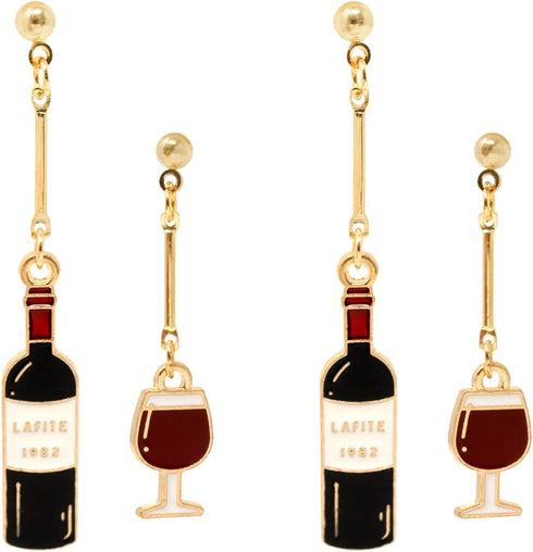 Honbay 2 Pairs of Unique Wine Glass Wine Bottle Dangle Drop Earrings Enamel Alloy Red Wine Glass Earrings Fun Novelty Creative Earrings Asymmetric...