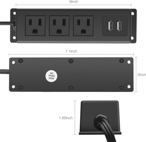 CCCEI 3 Outlets Wall Mount Power Outlet Strip with USB, Under Desk Power Strip Mountable Large Flat Plug, Desk Mount Power Strip with 6FT Power Co...