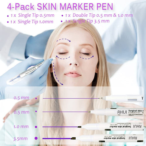 Surgical Skin Marker Pen 4-Pack Professional Sterile Tip Tattoo Stencil Markers Pen Scribes Purple, Individually Wrapped (Tip Size: 0.5mm/1mm/3.5m...