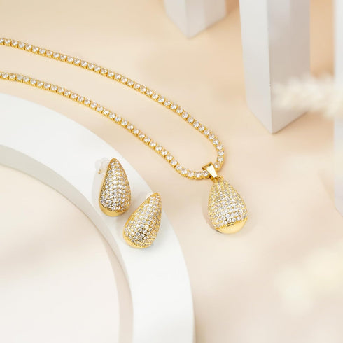 HZMAN Teardrop Earrings Necklace Jewelry Set for Women Bride Dainty 18K Gold White Plated Cubic Zirconia Stud Tearsdrop Earring Wedding Party Jewe...