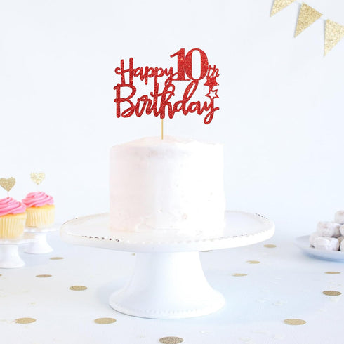 Red Glitter Happy 10th Birthday Cake Topper - Ten Sign Cake Topper - Cheers to 10 Years Party Supplies - 10th Birthday Party Decorations...