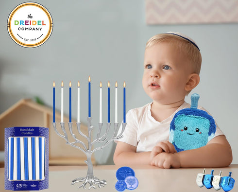 The Dreidel Company Deluxe Tapered Hanukkah Menorah Candles for All 8 Nights of Chanukah (Blue/White)...