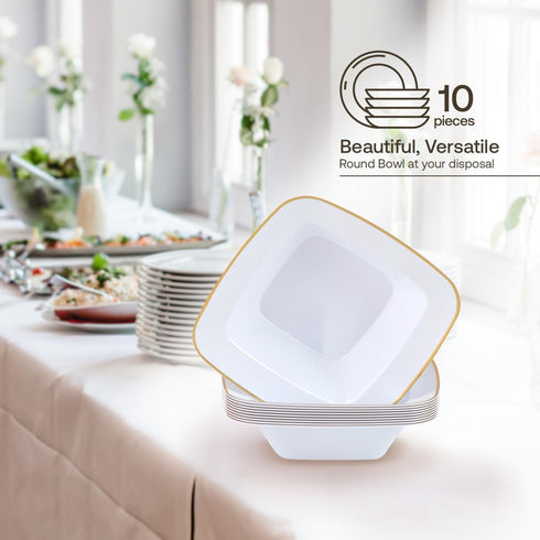 Party Plastic Bowls – White with Gold Rim - Square Plates- 10 Count- Elegant Premium Durable Dessert Bowls for Versatile Celebrations (5 oz.)...