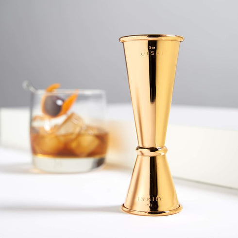 Viski Japanese Style Double Jigger for Cocktails, Bar Kit Essential, 1oz and 2oz with Interior Measurements, Gold...