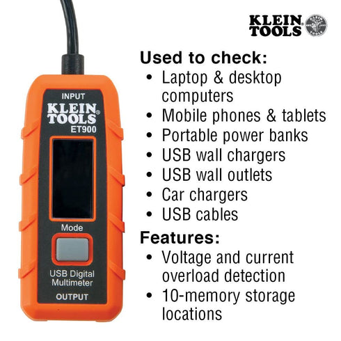 Klein Tools ET900 USB Power Meter, USB-A Digital Meter for Voltage, Current, Capacity, Energy Resistance...
