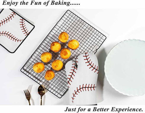 Baseball Stitches Oven Mitts and Pot Holders Sets Softball Laces Design Heat Resistant 3pcs for Cooking Baking BBQ...