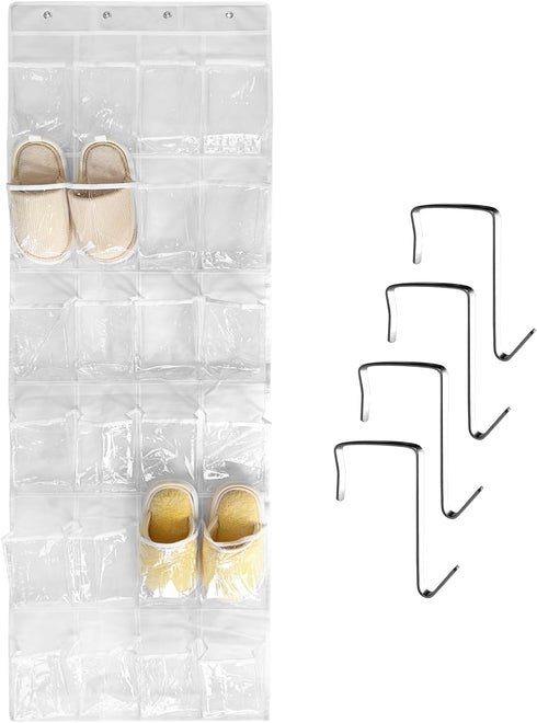 1 Pack 24 Clear Crystal Pockets Large Hanging Shoe Organizer Over The Door Shoe Rack for Closet Door Storage Shoe Holder Hanger, 4 Hooks, ALL Whit...
