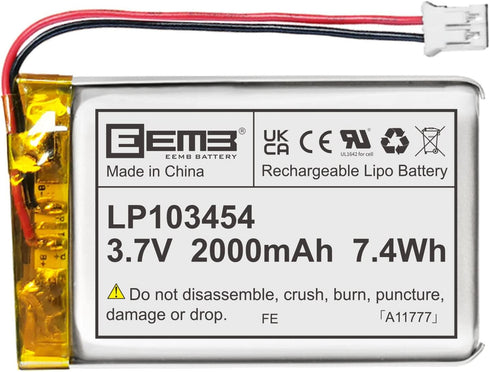 EEMB Lithium Polymer Battery 3.7V 2000mAh 103454 Lipo Rechargeable Battery Pack with Wire JST Connector for Speaker and Wireless Device- Confirm D...
